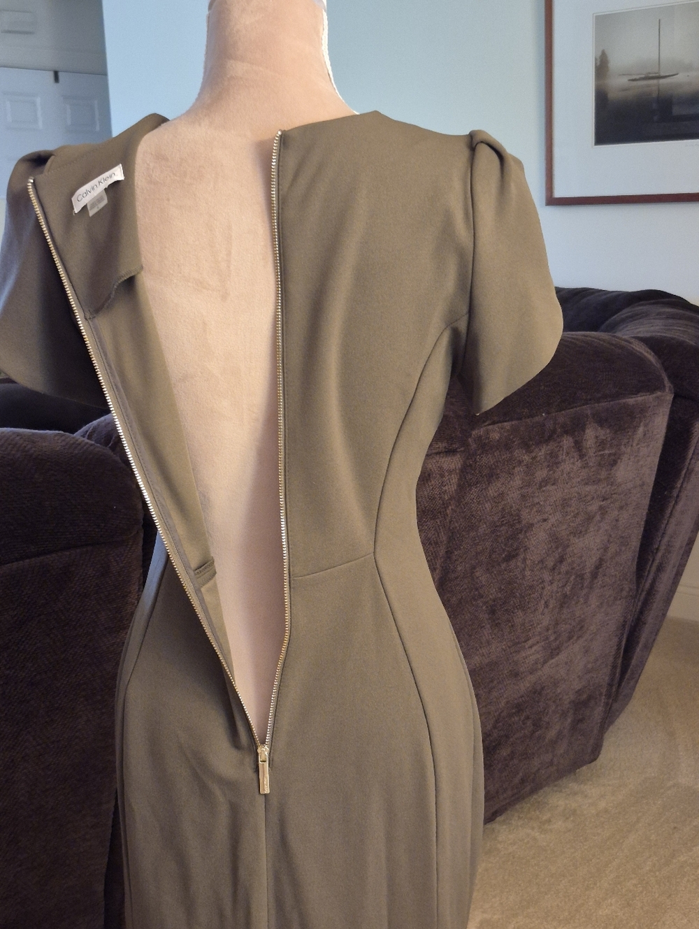 Calvin Klein Olive Green Puff Tulip Sleeve Sheath Dress Size 4 - Picture 9 of 10
